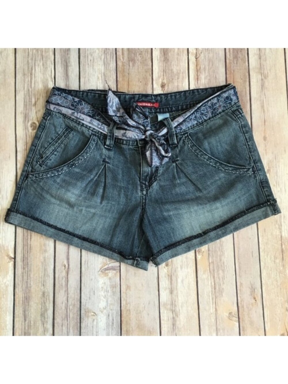 Blue jean shorts with blue scarf belt